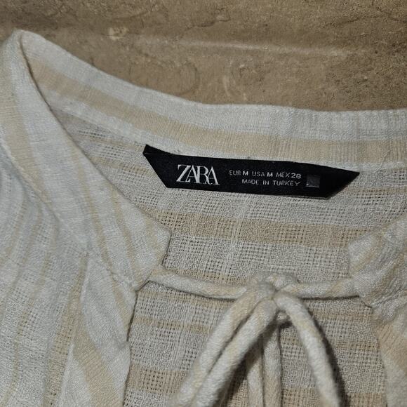 Zara Women's SZ M cream Tan Stripe‎ Beachy Top Linen Preppy Coastal - Picture 7 of 9